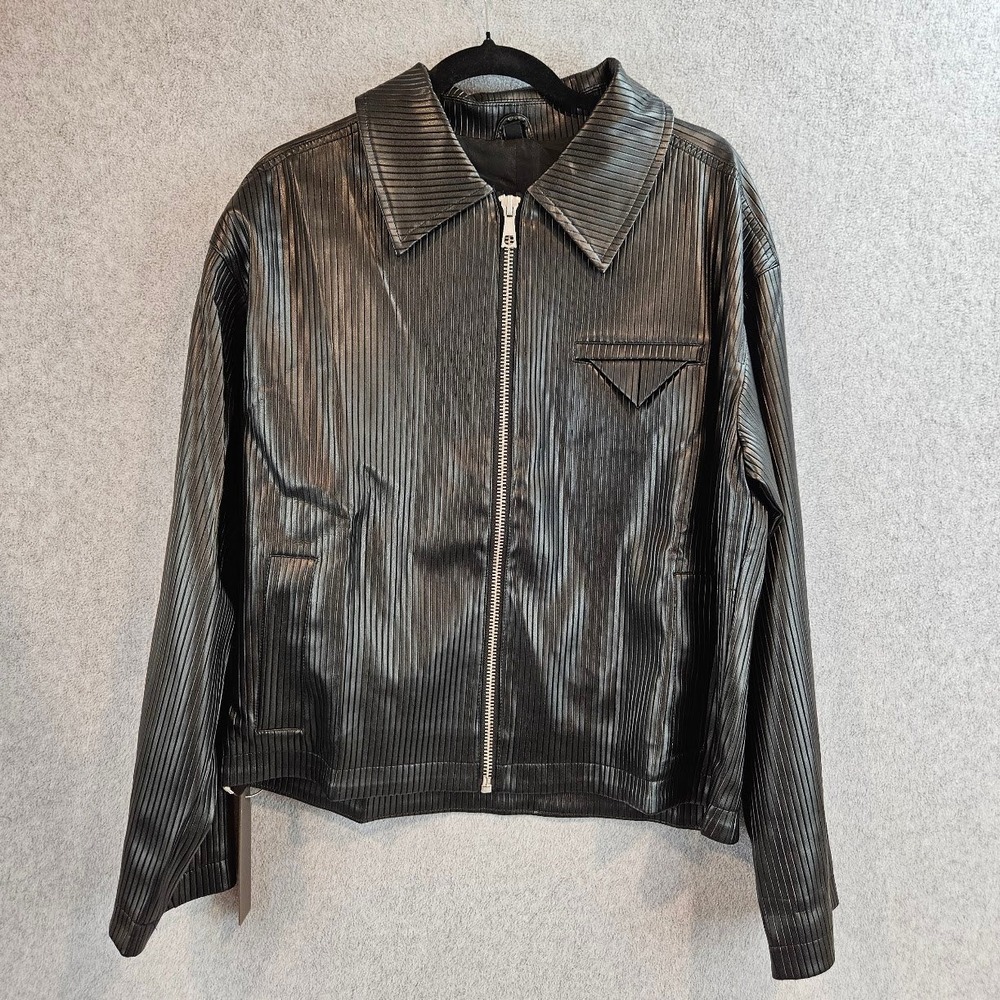 Ananke Mens Pleated Faux Leather Jacket Black Full Zip Outerwear RS0096 NEW